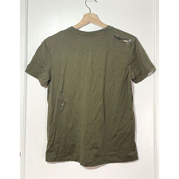 THE KOOPLES Army Green Slashed Safety Pin 100% Cotton Edgy Tee Women’s Size L US - Picture 2 of 8